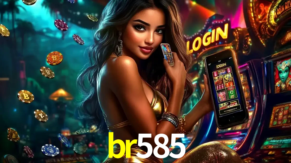 Mulher em um cenário de cassino temático de aventura, mostrando o app de caça-níqueis da br585 no celular. Fichas de apostas flutuam ao redor.