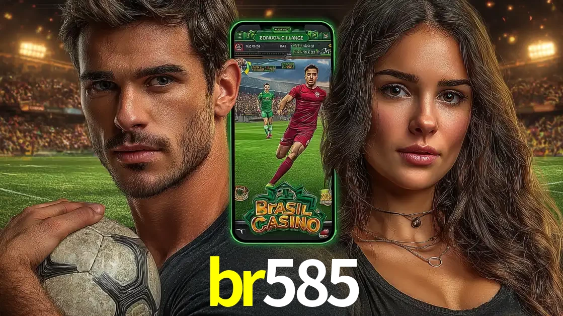 Homem segurando uma bola de futebol e uma mulher ao lado de um smartphone exibindo o jogo de apostas esportivas da br585. Faça seu palpite no cassino online.